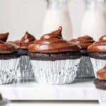Gluten-free and dairy-free chocolate cupcakes with chocolate frosting, elegantly displayed on a white plate.