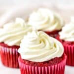 Gluten Free red velvet cupcakes with dairy free cream cheese frosting.