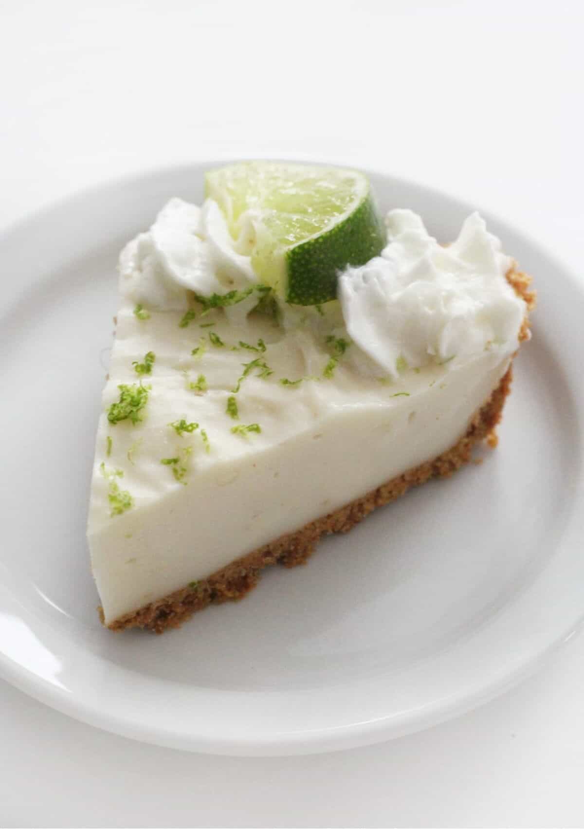 An easy gluten free lime pie on a white plate.