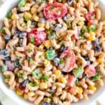 Mexican gluten-free pasta salad in a white bowl.