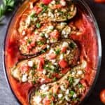 50 Easy Gluten Free Dinners - Eggplant stuffed with tomatoes and feta cheese.