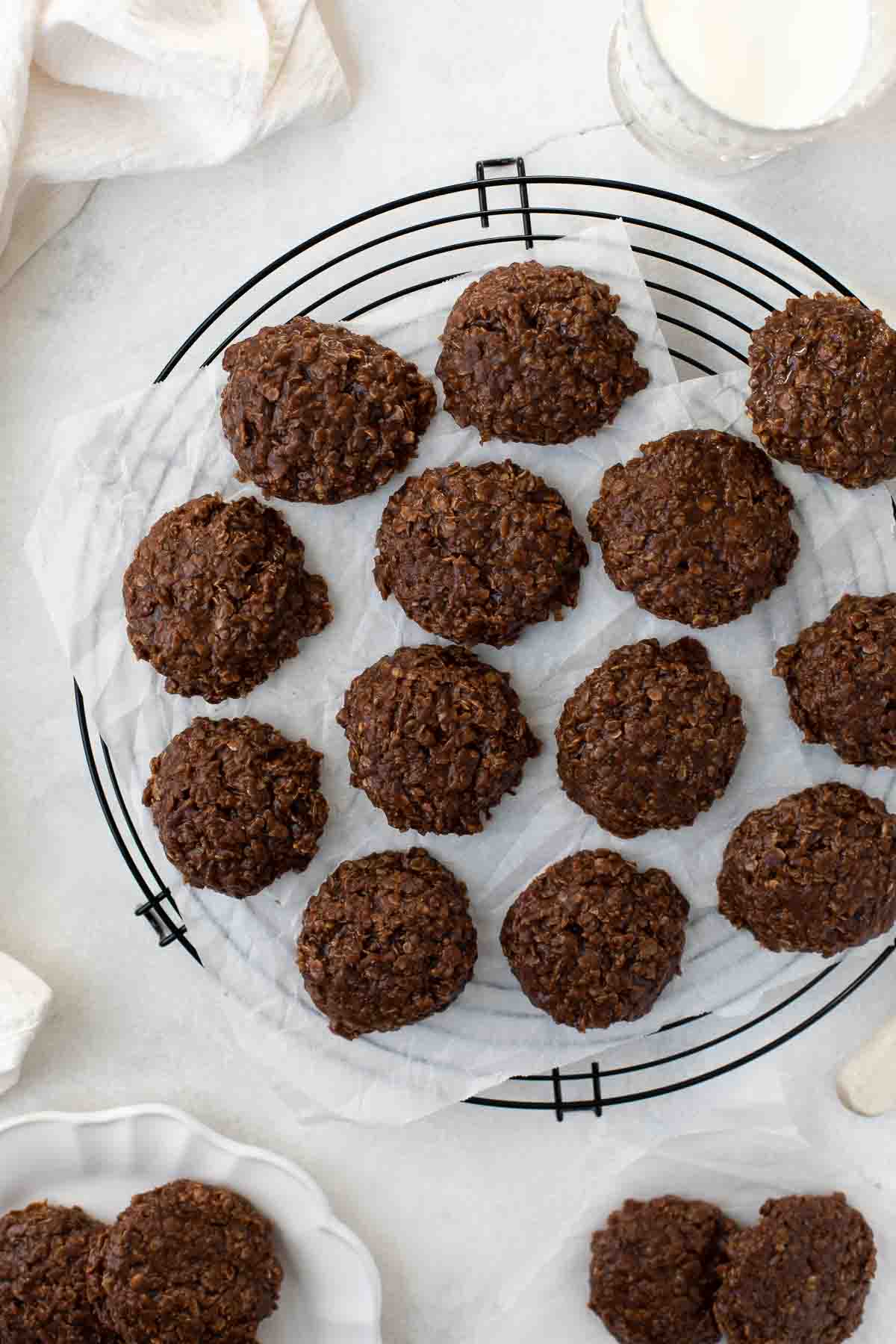Easy gluten-free chocolate oatmeal cookies on a cooling rack.