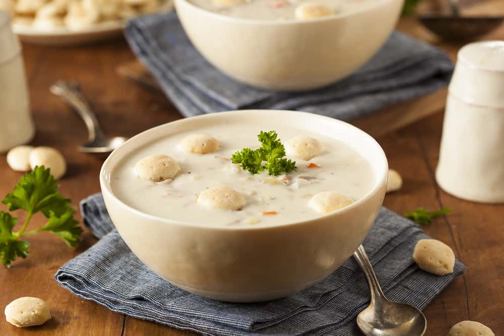 New England Clam Chowder with crackers