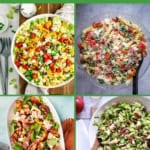 Four colorful salads displayed on plates with various ingredients, including pasta, veggies, and greens. Text at the top reads '50 Gluten-Free Salad Recipes' and at the bottom reads 'seasonalcravings.com'. Discover an array of vibrant gluten free salad recipes perfect for every season!