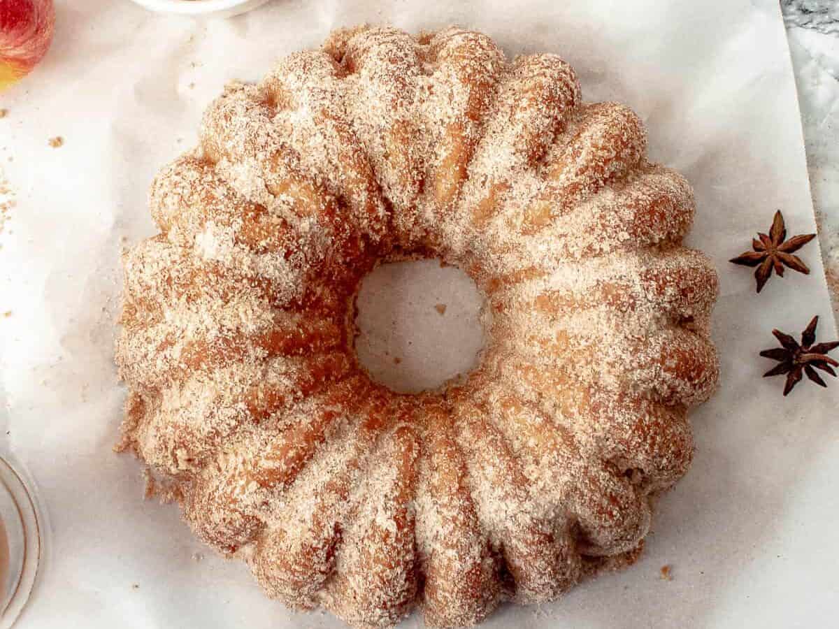 Donut cake on parchment paper. 