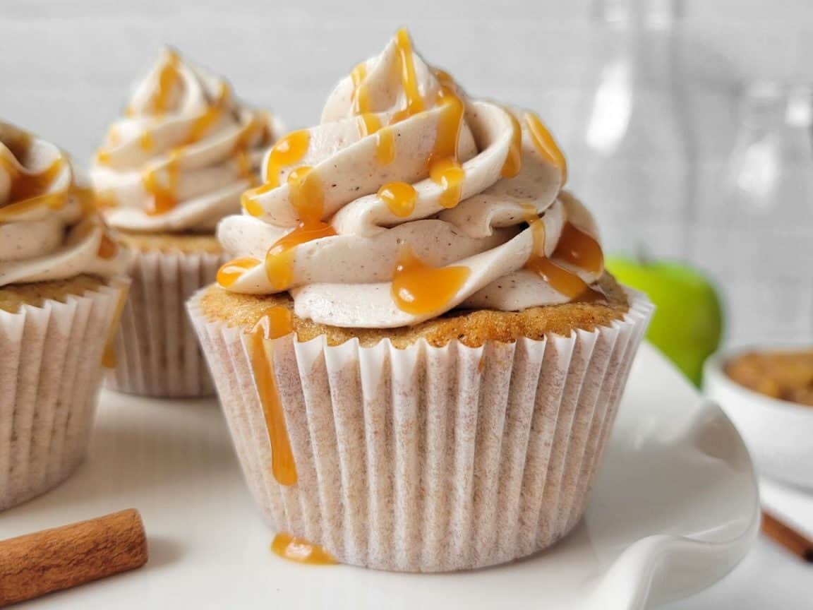 Cinnamon cupcake with caramel drizzle.