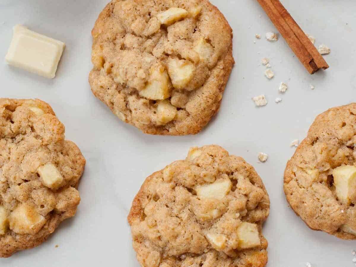 Oatmeal cookies with apples pieces inside.