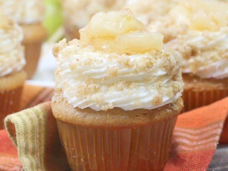 Apple crisp cupcake with apple topping.