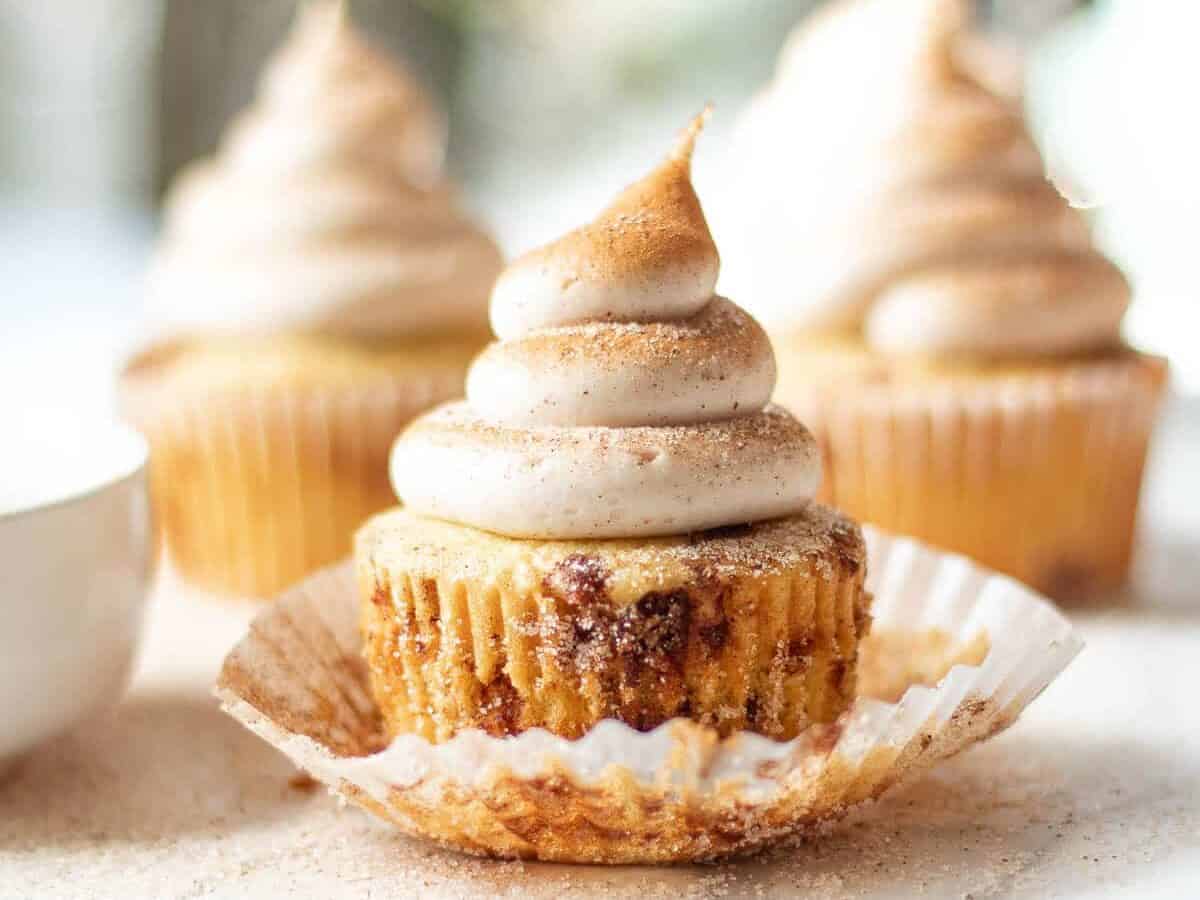 Cinnamon cupcake with swirl of frosting.