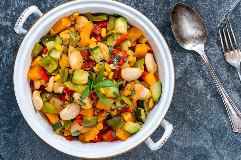 Succotash - Southern American dish with vegetables, butter beans, butternut squash, sweetcorn and chorizo