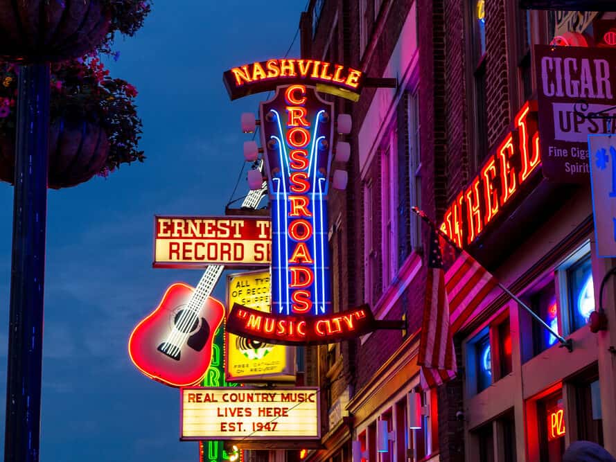 NASHVILLE - AUGUST 1: Neon signs on Lower Broadway Area on August 1, 2014 in Nashville, Tennessee, USA