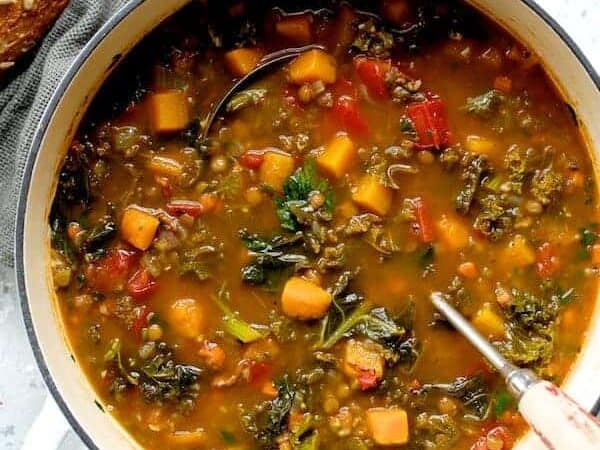 Kale Butternut Squash and Lentil Soup with Bacon