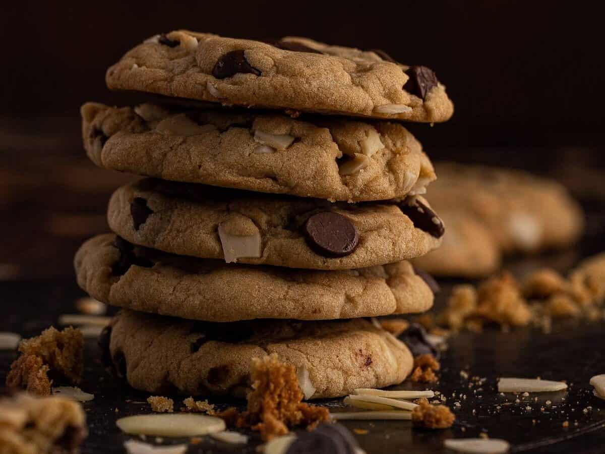 Chocolate chip cookies stacked up.