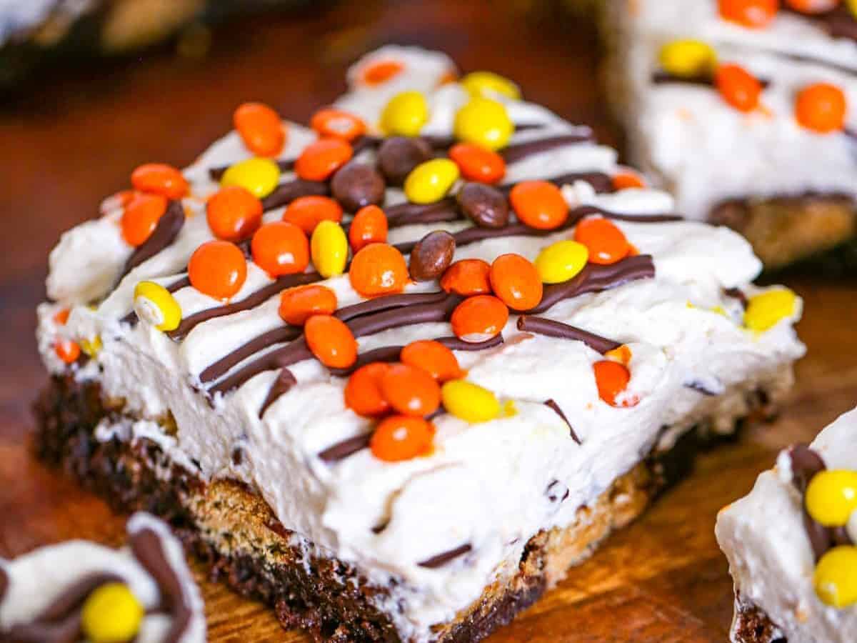 Peanut butter brownie with candy on top. 