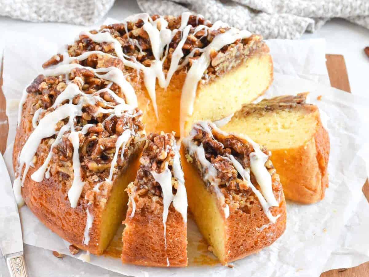 Pecan cake with drizzle.