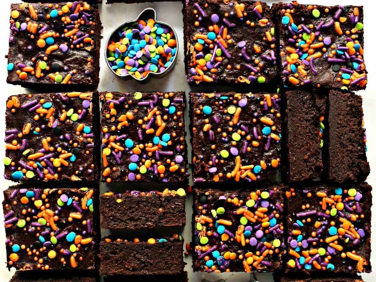 Pumpkin brownies with confetti toppings.