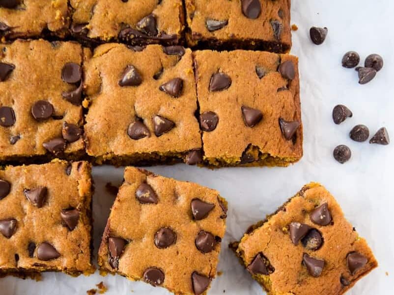 Chocolate chip bars sliced with chips on the side.