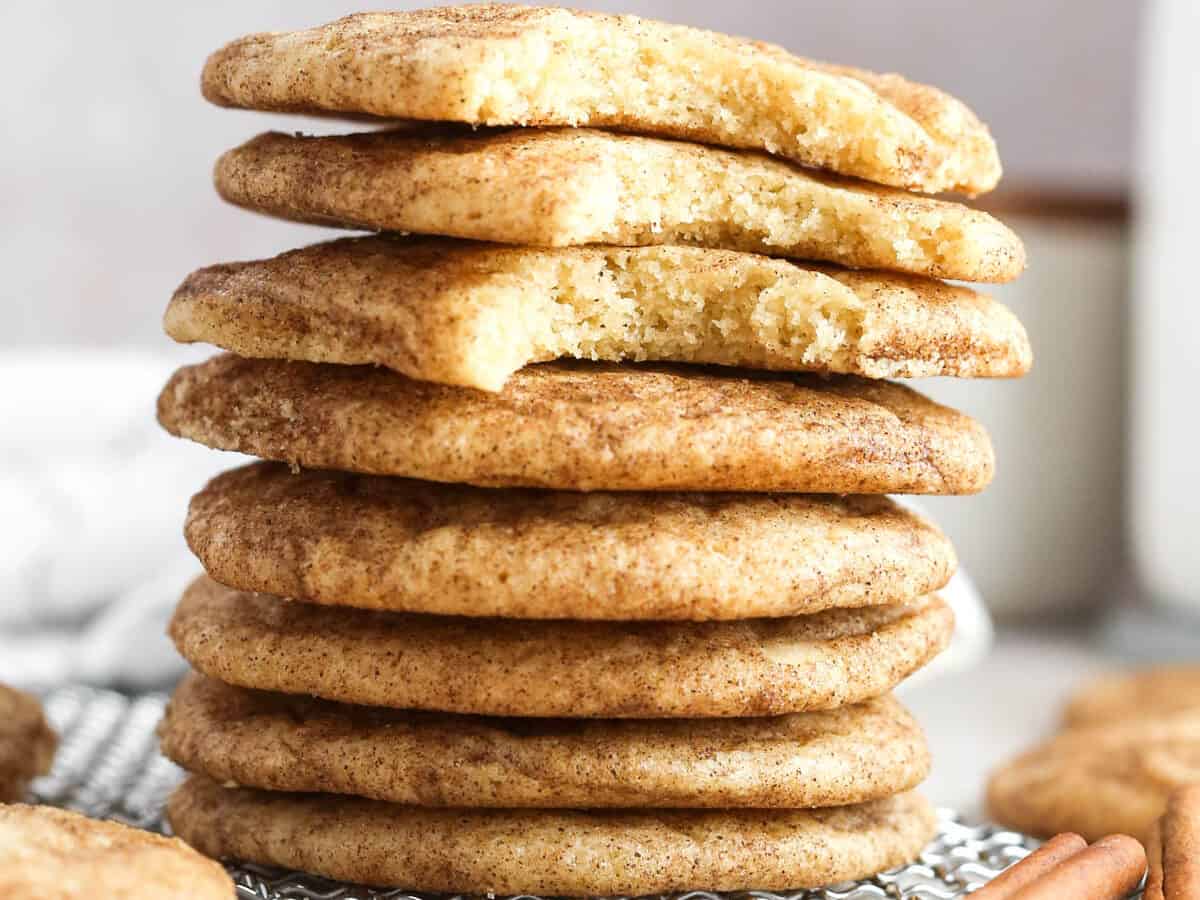 Snickerdoodle cookies stacked up.