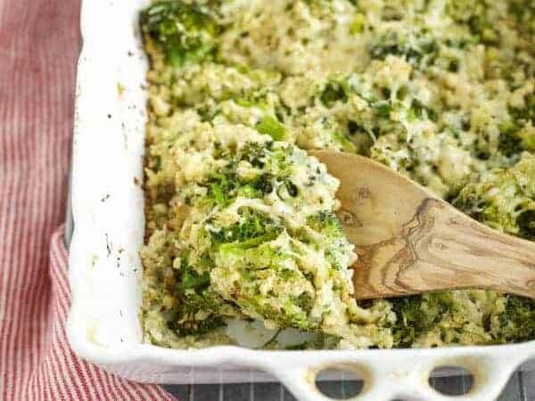 Cauliflower Broccoli Bake with Alfredo in a white casserole