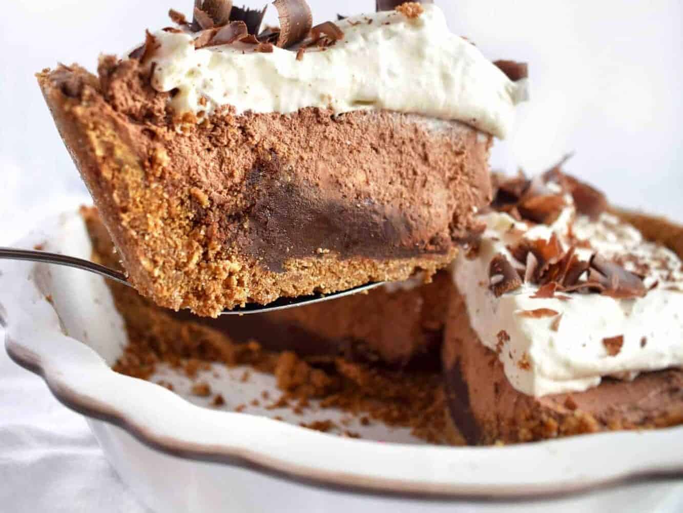 A slice of chocolate ice cream pie with whipped cream.
