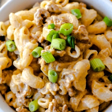 A delicious mac and cheese recipe with meat and green onions.