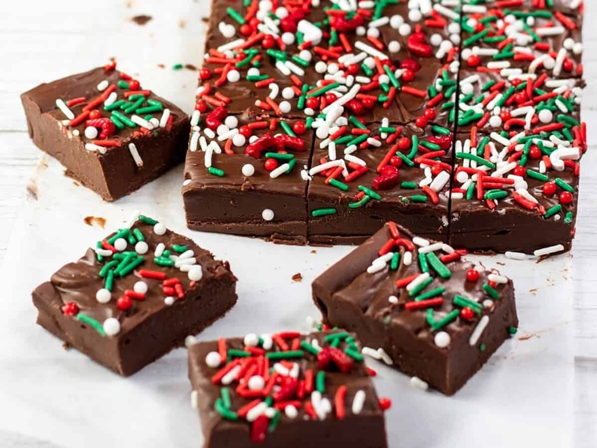 Chocolate fudge with sprinkles on top.