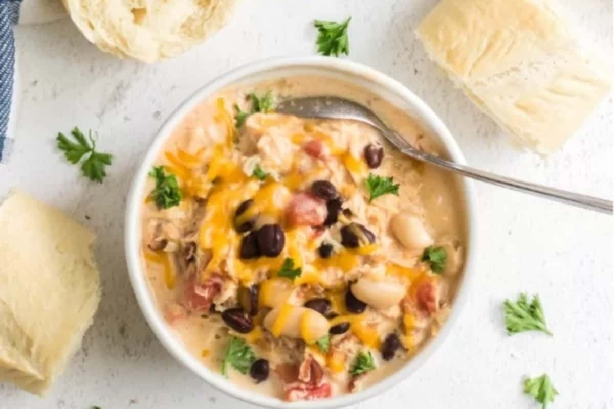 Instant pot crack chicken chili in a white bowl. 