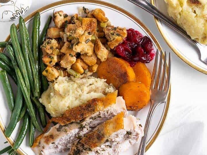 Small Thanksgiving Dinner For 4 served on a plate. 