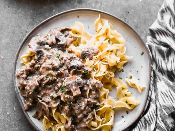 Stroganoff with beef in a plate