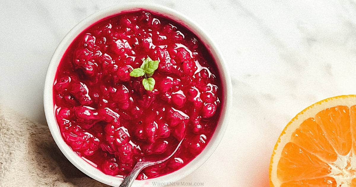 Super Easy Sugar-Free Cranberry Sauce with spoon. 
