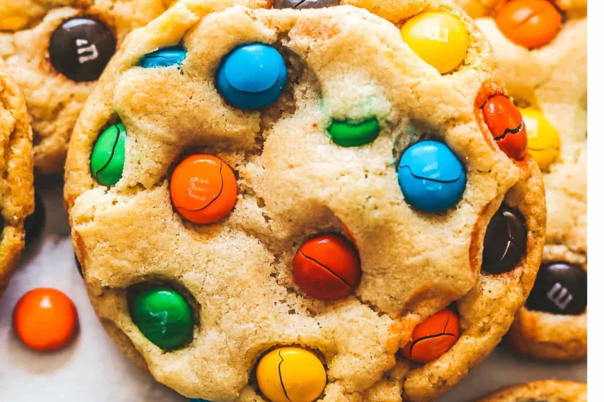 A cookie loaded with leftover m&m candies.