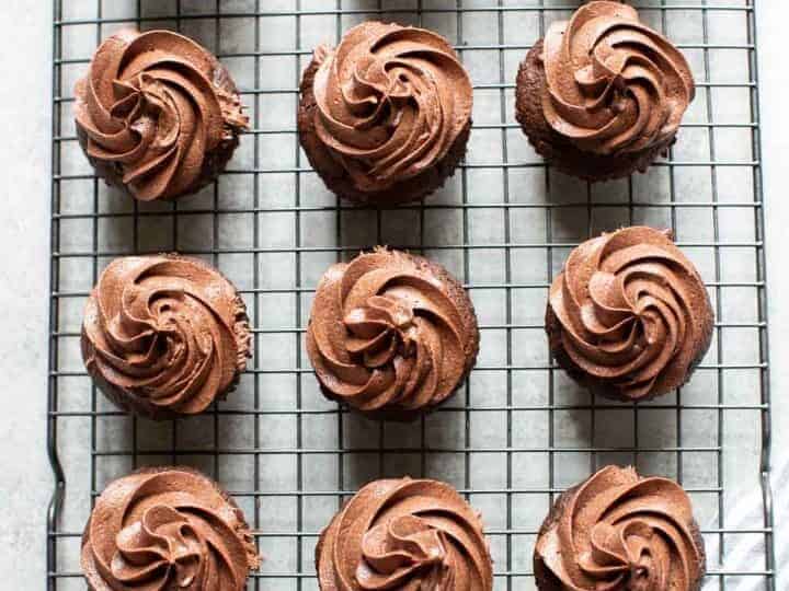 Chocolate Almond Flour Cupcakes on a cooling rack.