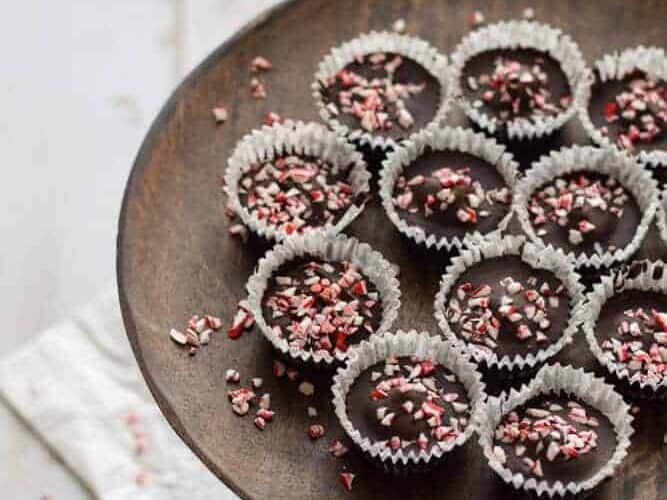 chocolate peppermint cups on a cake stand