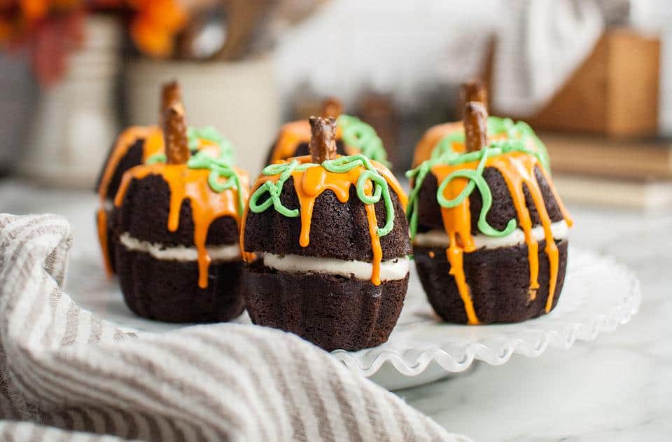 Dark Chocolate Pumpkin Shaped Mini Bundt Cakes