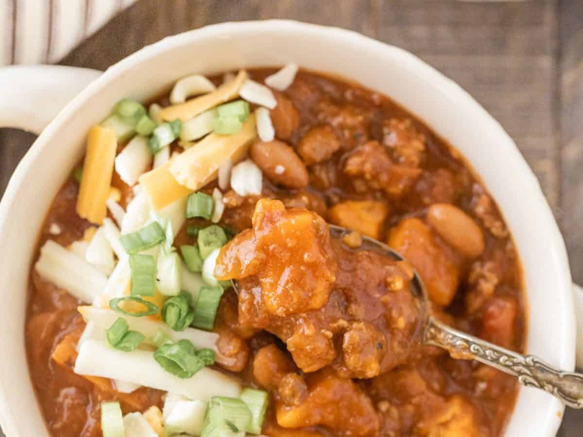 Slow Cooker Sweet Potato Chili in a white bowl.
