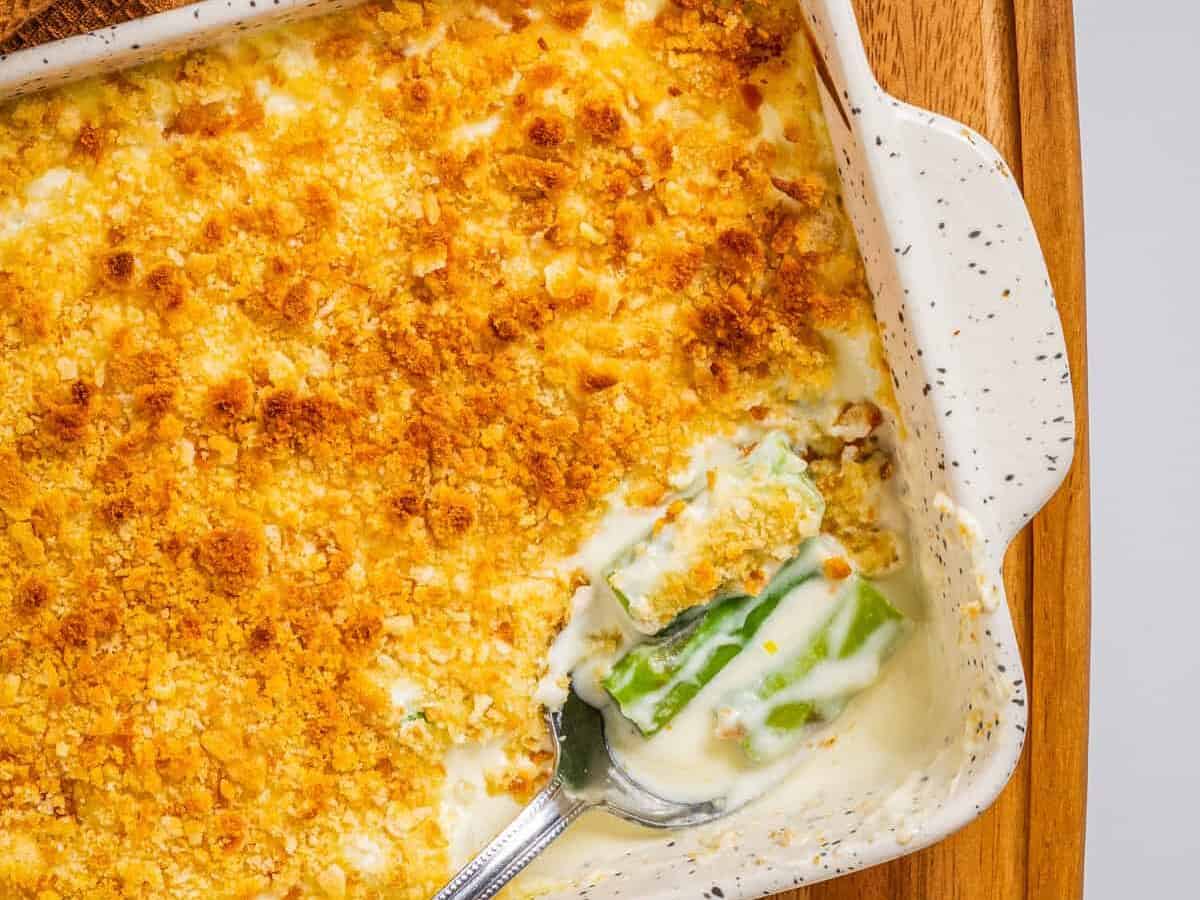 Asparagus with cheese casserole in casserole dish.