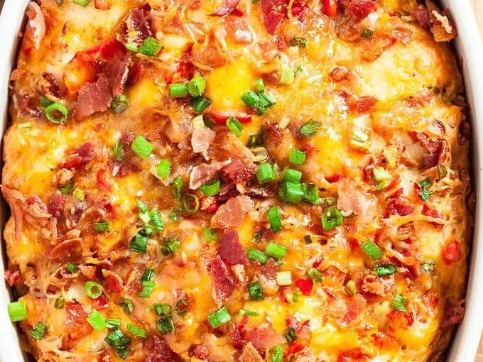 Cheesy Bacon Pull-Aparts baked in an oval dish. 