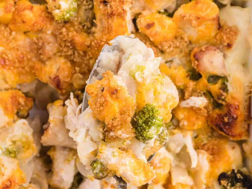 Chicken Broccoli Biscuit Bake with spoon. 