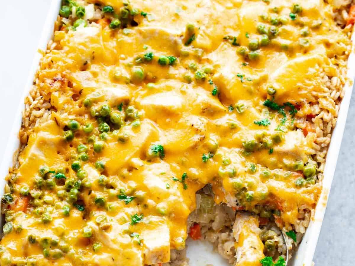 Chicken and Rice casserole with cheesy topping.