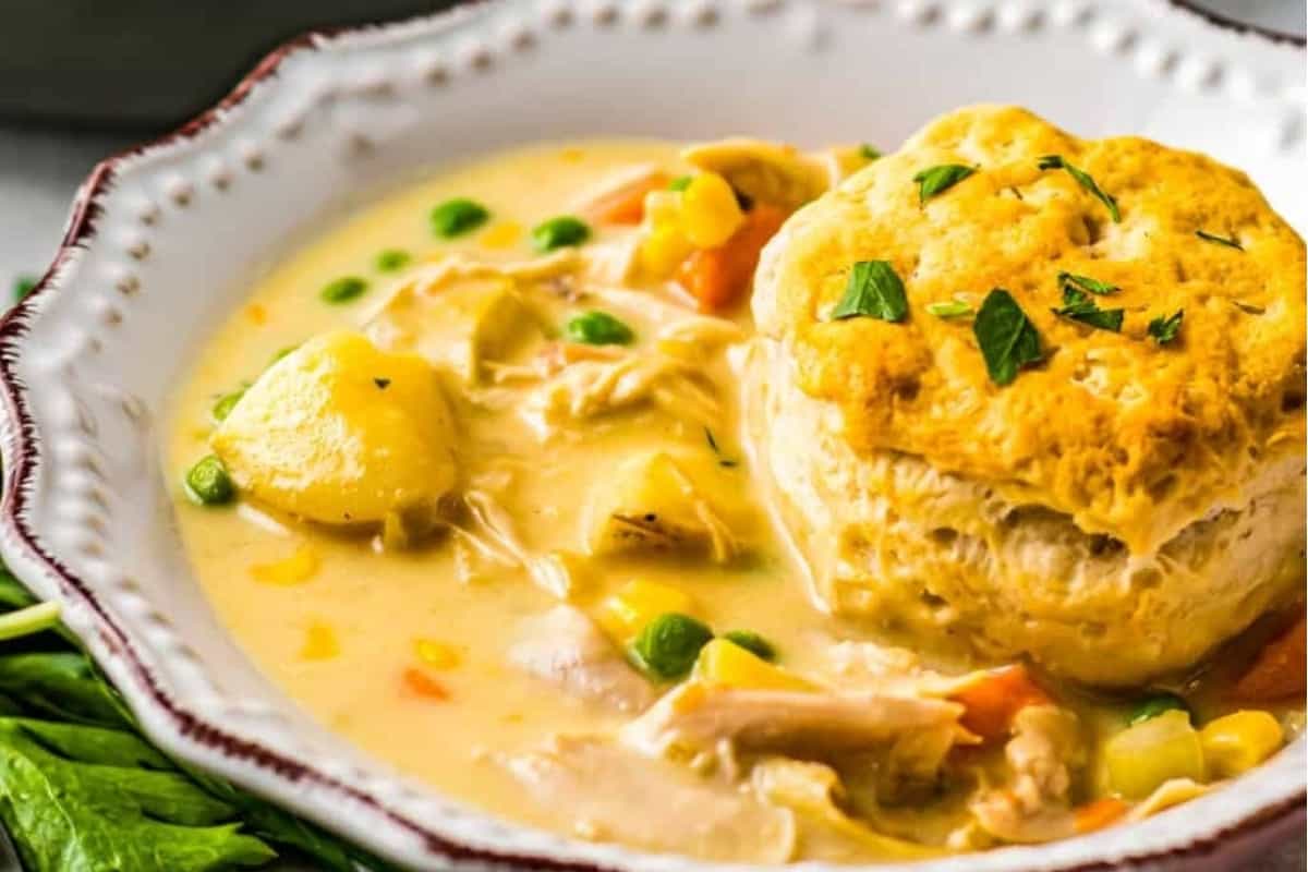 Chicken pot pie soup in a bowl.
