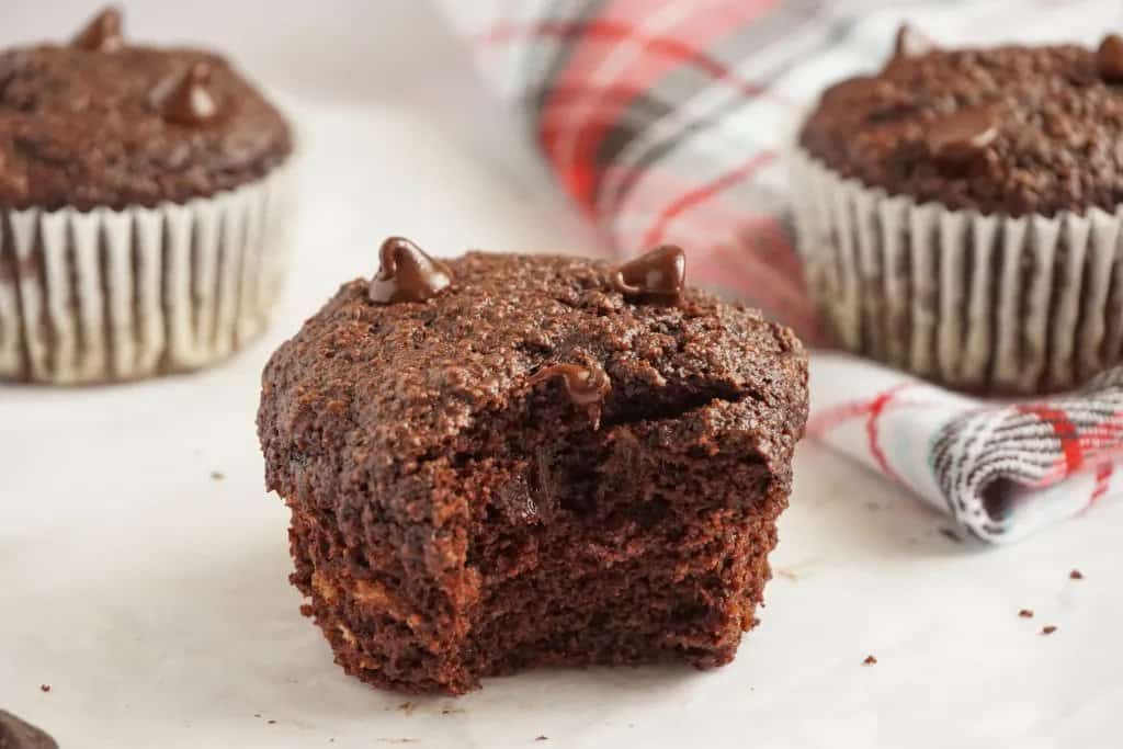 Chocolate Almond Banana Muffins with a bite.