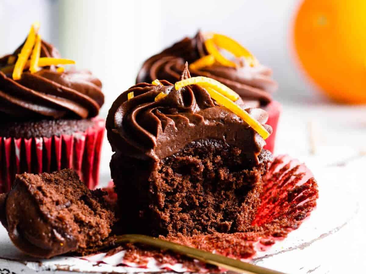 Chocolate orange cupcake on a cupcake liner. 