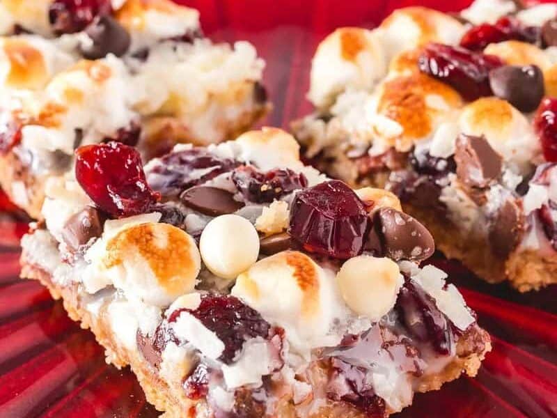 Christmas 7 Layer Cranberry Magic Bars on a serving dish.