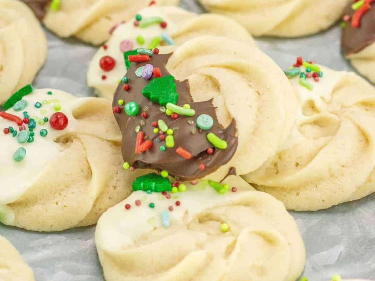 Christmas butter cookies on parchment paper.