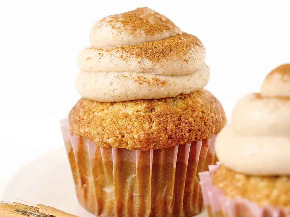 Cinnamon cupcakes with cream cheese frosting.