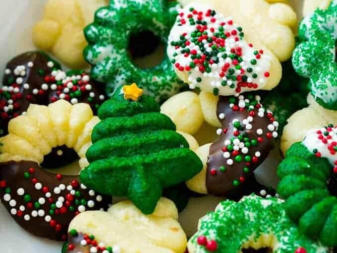 Festive and colorful Cream Cheese Spritz Cookies.