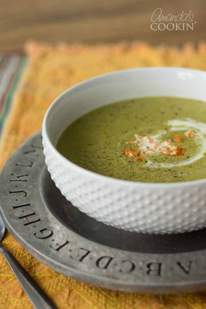 Cream of Asparagus Soup in a small bowl. 