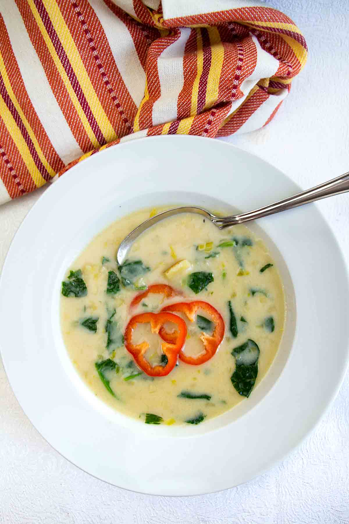 Cream of Spinach Soup with Potatoes in a bowl. 