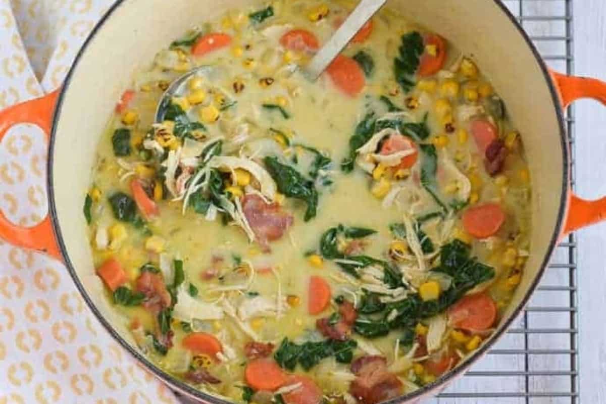 Creamy soup in a pot.