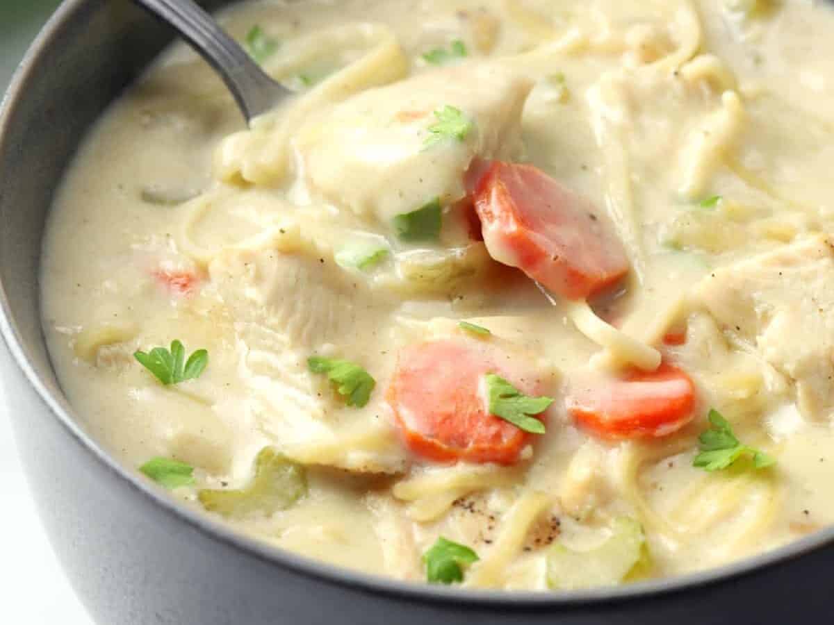 Creamy Turkey Noodle Soup in a bowl with spoon. 